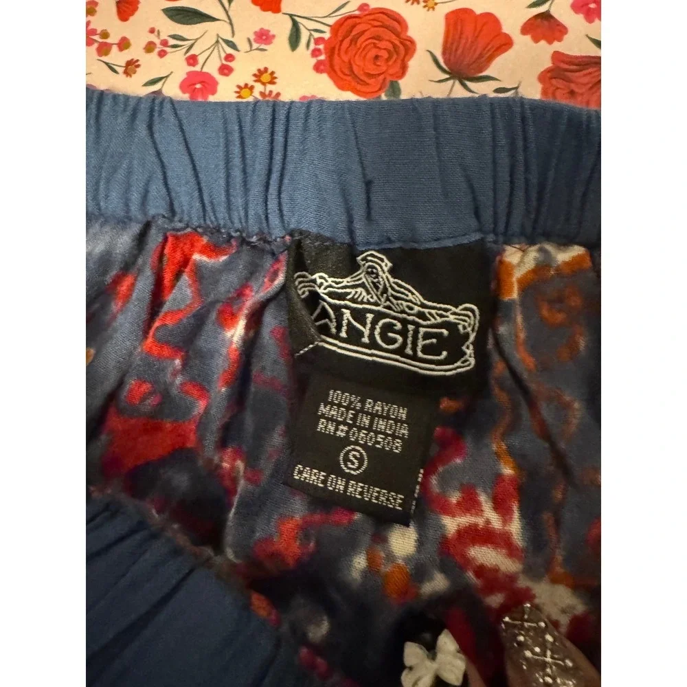 Angie Boho Blue Red Abstract Ikat‎ Medallion Rayon Maxi Skirt Womens Small v2